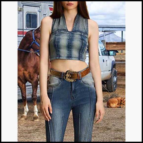 Western Leather Belt with Horse Head Buckle for Women and Men